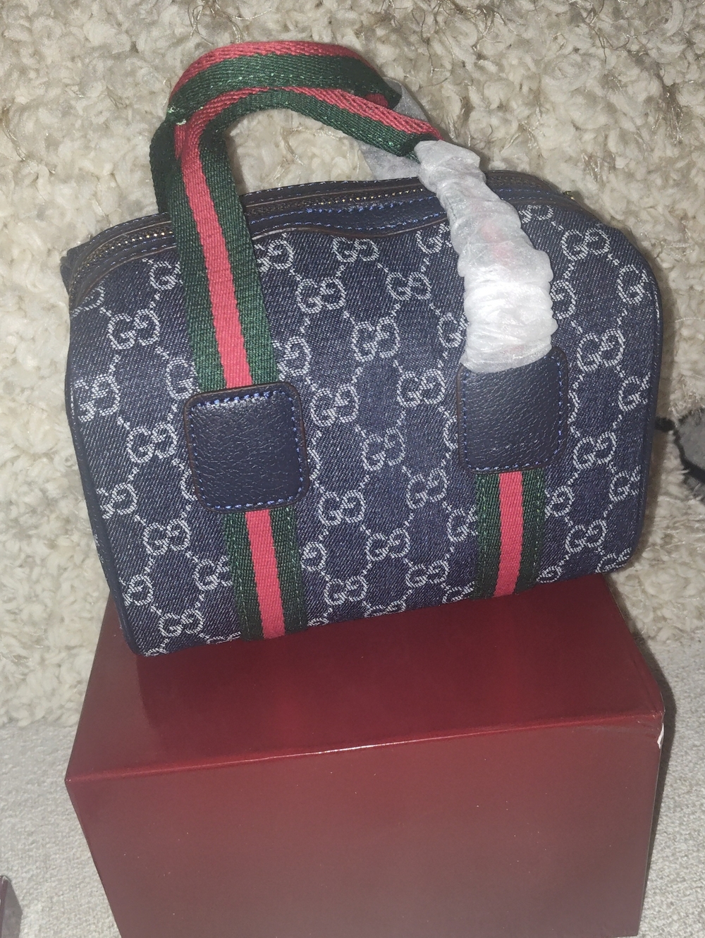 Gucci Navy Monogram Mini Top-Handle Bag with Green and Red Web Stripe